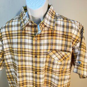 KUHL Men's yellow, brown and white plaid short sleeve shirt Large L